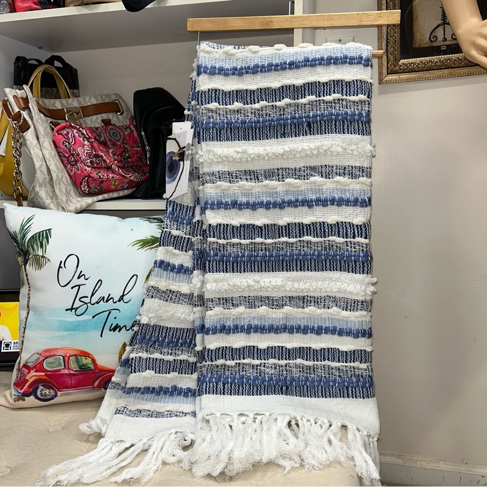 London Kaye NWT! Decorative Throw Blue/White Striped  Fringe Trim Blanket